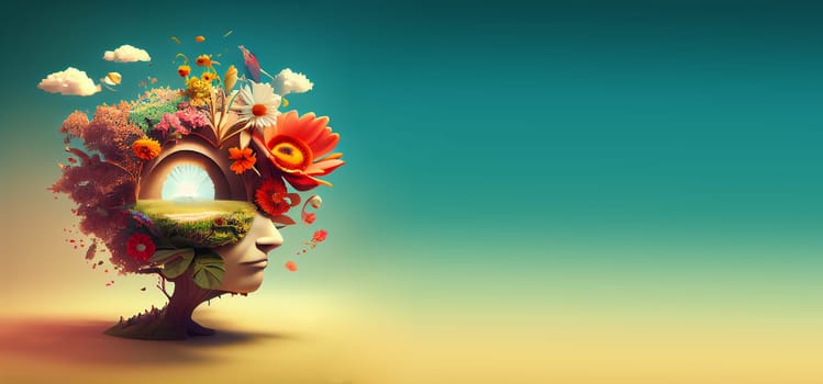 Human brain with flowers, self esteem and mental health care concept, positive thinking, creative mind, generative AI