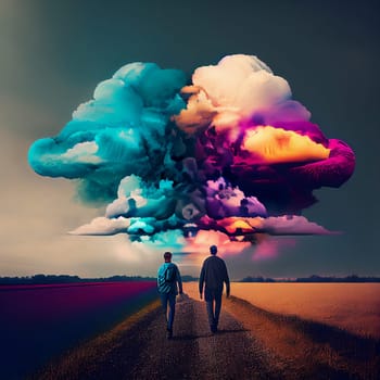 People walking on the road, colorful creative cloud above, future vision, positive optimistic thinking, state of mind, generative AI