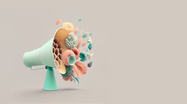 Megaphone with colorful pastel summer flowers, advertising and marketing concept, social media, announce positive and creative idea, generative AI