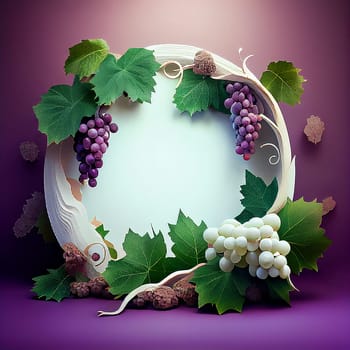 Grapes with vine and leaves, podium platform and product display, wine presentation, generative AI