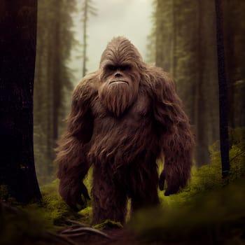 Bigfoot or sasquatch in the forest, mysterious furry creature walking in the woodlands, tall trees, Illustration, gernative ai
