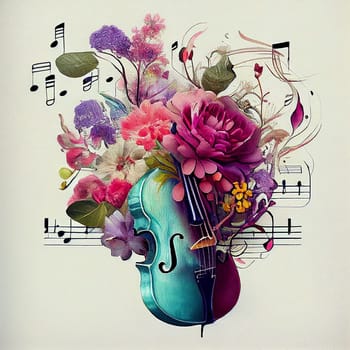 Violine acoustic instrument with flowers, music passion concept, pastel colors, generative AI