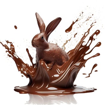 Chocolate easter bunny jumping out of the splashes, sweet food, spring holiday, generative AI