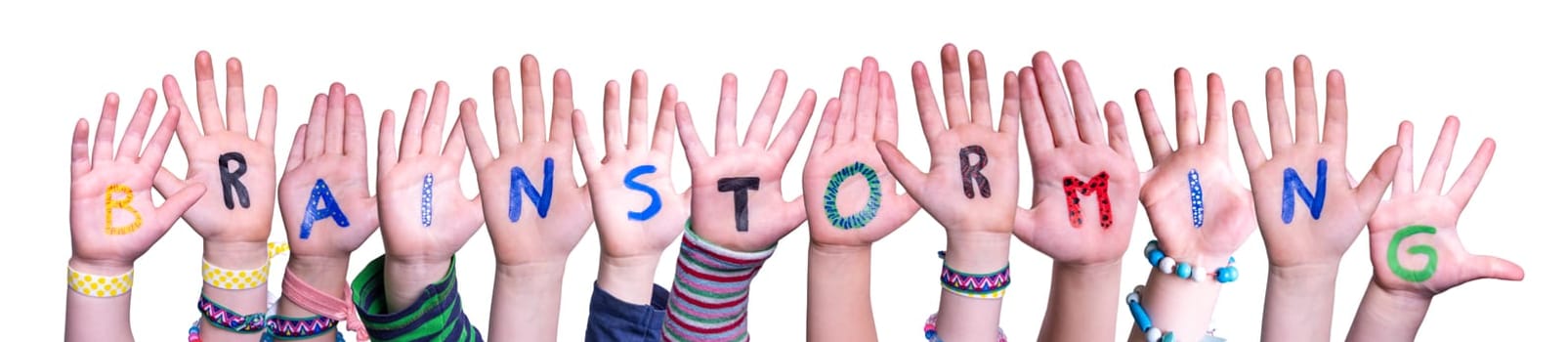 Children Hands Building Colorful English Word Brainstorming. Isolated White Background.