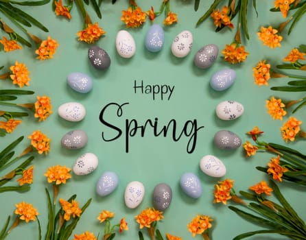 Flat Lay With English Text Happy Spring. Easter Egg Decoration With Orange Spring Flowers. Light Green Paper Background.