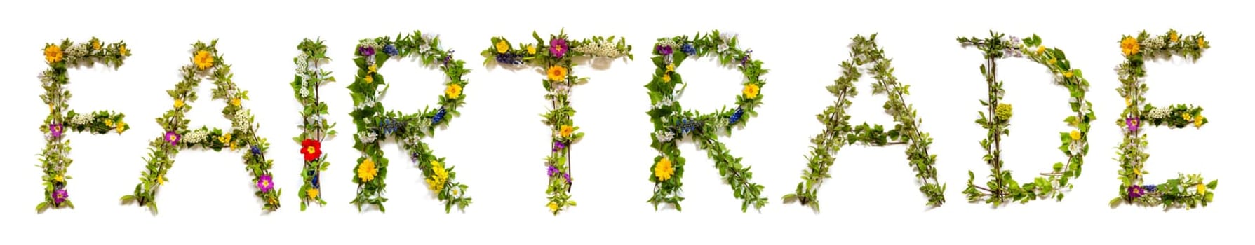 Blooming Flower Letters Building English Word Fairtrade. Colorful Spring and Summer Blossoms. White Isolated Background.