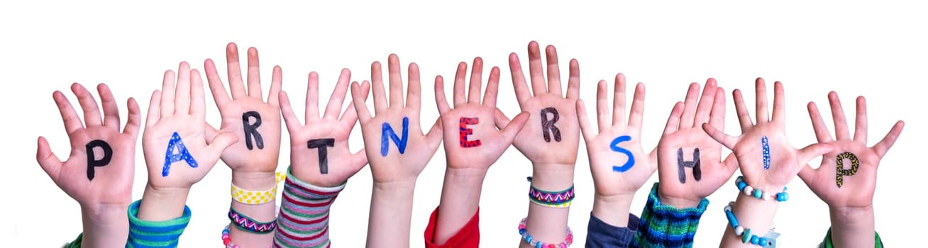 Children Hands Building Colorful English Word Partnership. White Isolated Background