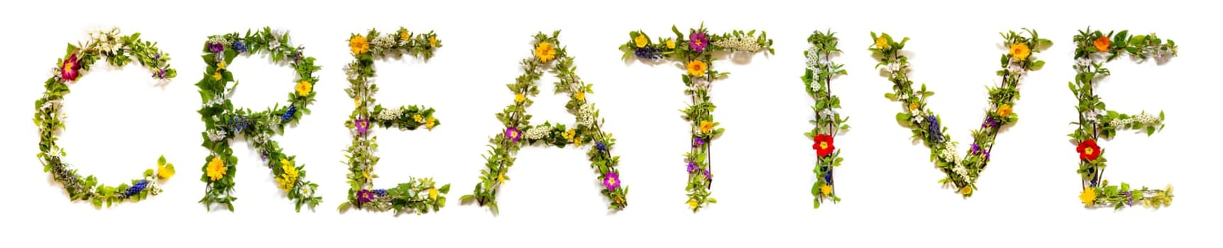 Blooming Flower Letters Building English Word Creative. Colorful Spring and Summer Blossoms. White Isolated Background.