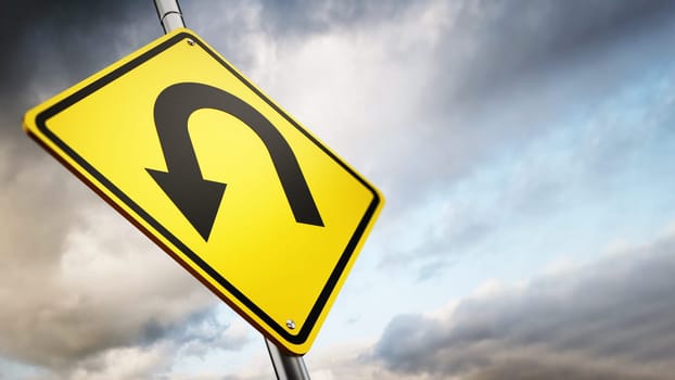 U turn road warning sign against the sky. 3D illustration.