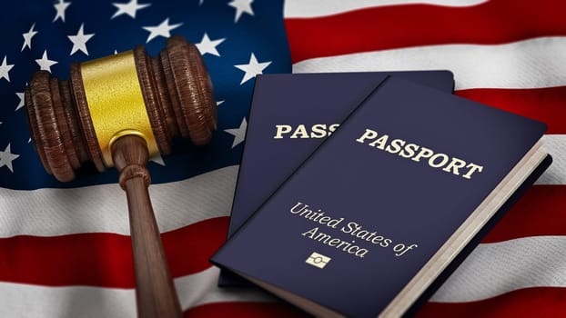 Gavel and passports on American flag. 3D illustration.