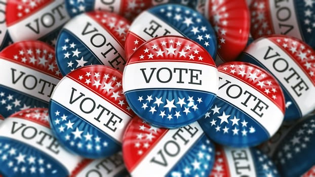 Stack of blue, red and white colored vote buttons decorated with star shapes. 3D illustration.