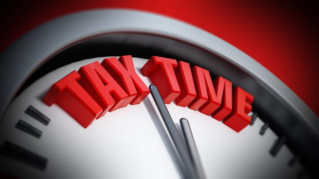 Clock hand pointing red tax time words. 3D illustration.
