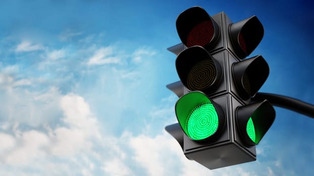 Green traffic light against blue sky. 3D illustration.