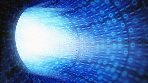 Blue binary code technology tunnel. 3D illustration.