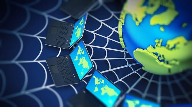 Global computer network with a spider web. 3D illustration.