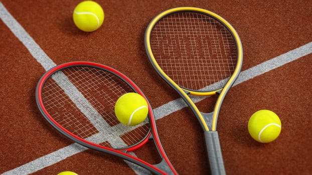 Tennis rackets and balls on hard court. 3D illustration.