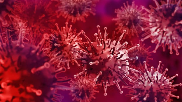 Virus or bacteria on red background. 3D illustration.