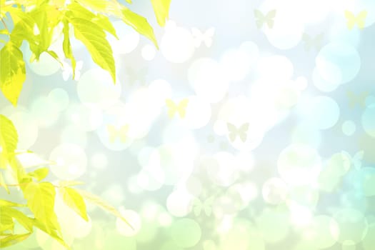 Hello spring background. Yellow maple in spring over abstract bright spring or summer landscape texture with butterflies. Space for sale offer. Beautiful backdrop.