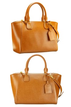 Leather bag isolated. Fashionable brown female elegant luxury women handbag in two views isolated on a white background. Clipping path. Woman trendy accessories.
