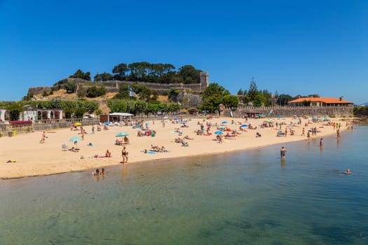 Baiona, Espanha - July 27, 2022 : view of the Beach and the Fortress in Baiona, Pontevedra, Espanha