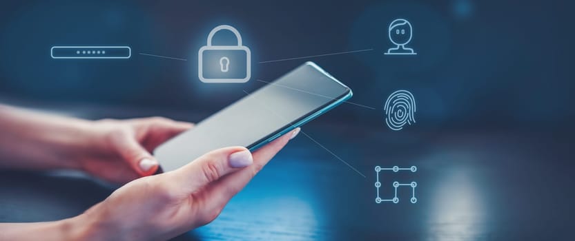 Person trying to log into his phone with a password, fingerprint and face. Conceptof the login and cyber safety.