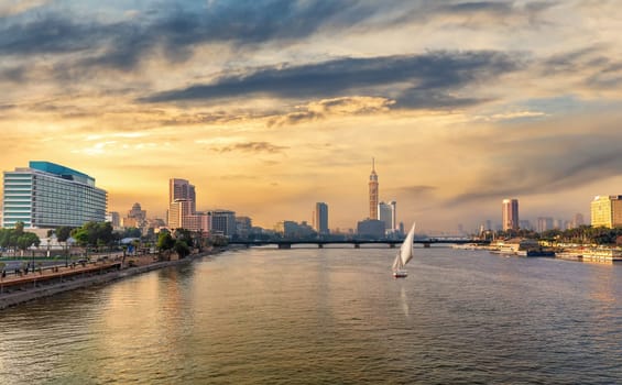 Cairo downtown, the bridge over the Nile with the Tower and fashionable hotels, Egypt.
