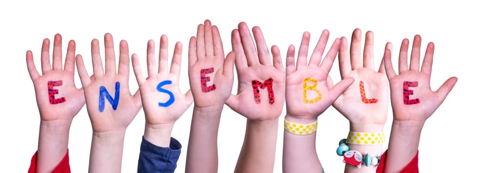 Children Hands Building Colorful English Word Ensemble. Isolated White Background.