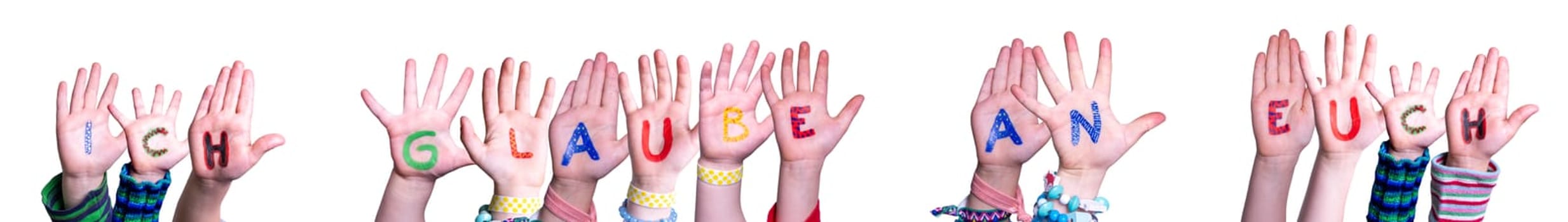 Children Hands Building Colorful German Word Ich Glaube An Euch Means I Believe In You. Isolated White Background.