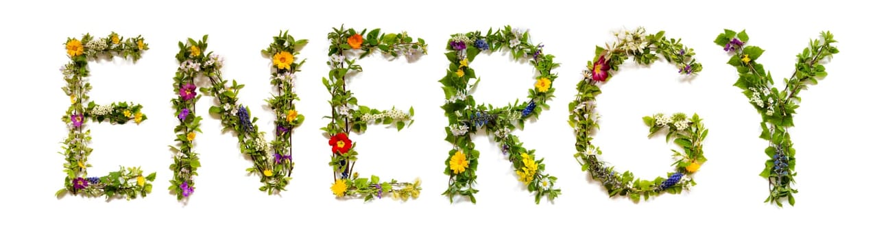 Blooming Flower Letters Building English Word Energy. Summer And Spring Season Blossoms And Flower Lei.