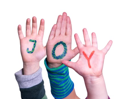 Children Hands Building Colorful English Word Joy. Isolated White Background.