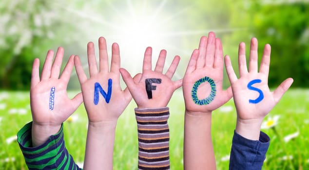 Children Hands Building Colorful German Word Infos Means Information. Sunny Green Grass Meadow As Background.