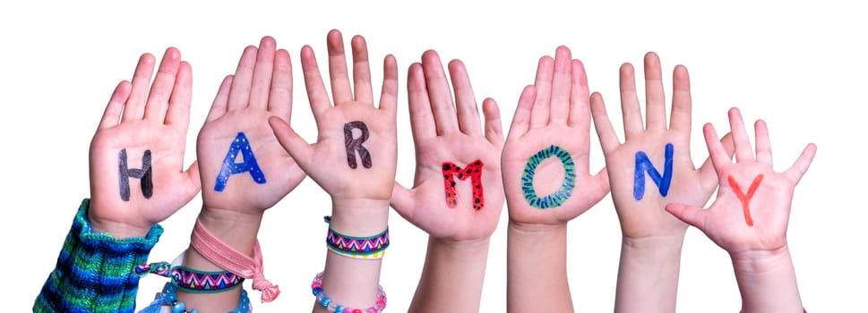 Children Hands Building Colorful English Word Harmony. Isolated White Background.