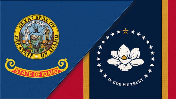 Flags of Idaho and Mississippi. Sports competition. sports match between Idaho and Mississippi. Doudle flags of Idaho and Mississippi fabric surface. symbol of states on fabric texture