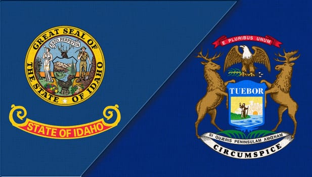 Flags of Idaho and Michigan. Sports competition. sports match between Idaho and Michigan. Doudle flags of Idaho and Michigan fabric surface. symbol of states on fabric texture