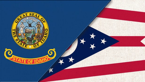 Flags of Idaho and Ohio. Sports competition. sports match between Idaho and Ohio. Doudle flags of Idaho and Ohio fabric surface. symbol of states on fabric texture