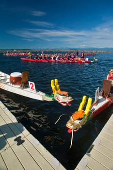 Dragon boat races on Lake Champlain in Burlington, Vermont, USA.  The races are held to raise money for breast cancer survivors.