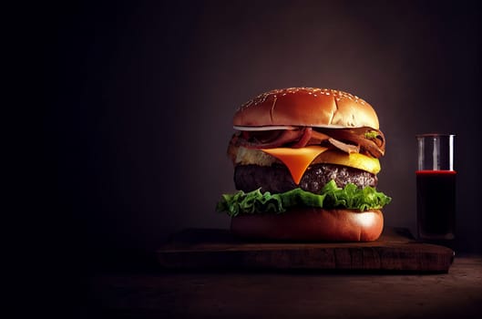 Closeup of home made tasty burger on black background, fastfood hamburger, Generative AI
