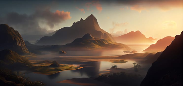 Beautiful landscape with high mountains and lagoon water with sunlight golden sunrise, nature, Generative AI