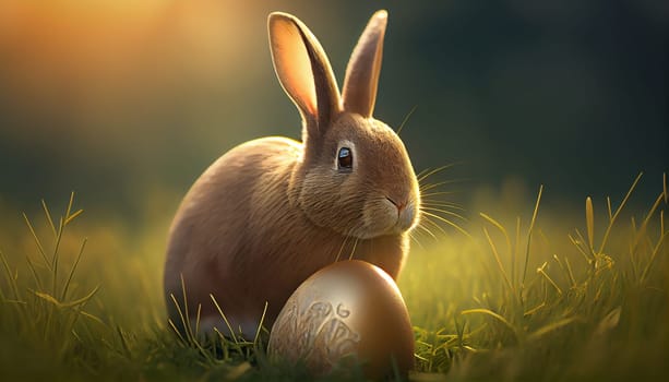 Happy Easter Day Concept. Rabbit bunny and easter egg on green grass garden and sunny spring, template banner for website, AI Generative