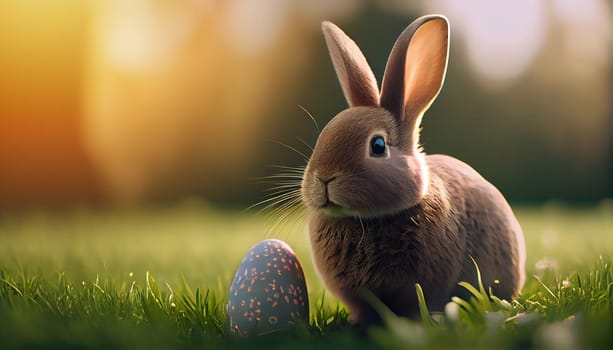 Happy Easter Day Concept. Rabbit bunny and easter egg on green grass garden and sunny spring, template banner for website, AI Generative
