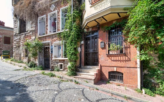 Cobblestone alley with beautiful old traditional red bricks houses and climbing plants in old Balat district, on a summer day, Istanbul, Turkey