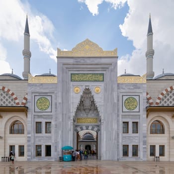 Istanbul, Turkey - September 1, 2022: Entrance of Grand Camlia Mosque, or Buyuk Camlica Camii, a modern complex for Islamic worship, built in 2019, located in Camlica hill in Uskudar district