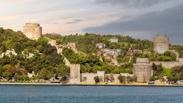 View of ruins of Rumelihisari, Bogazkesen Castle, or Rumelian Castle, in a sunny day, located at the hills of the European side of Bosphorus Strait, Istanbul, Turkey, built by Ottoman Sultan Mehmet II