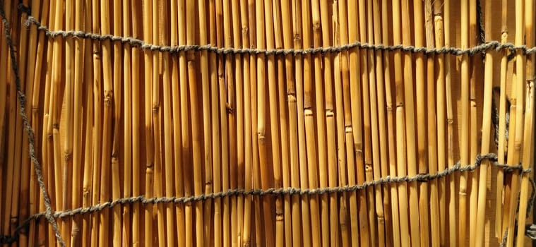 Straw bedding, tablecloth or small rug laid on the table. Top view straight. Soft evening sunlight reflects off the stems. Some sticks are broken, threads and ropes are braided.