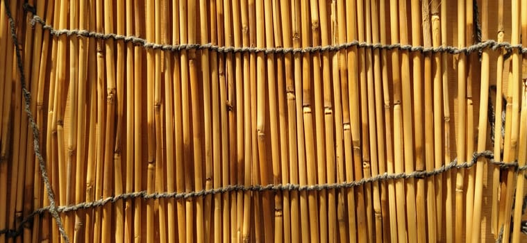 A straw bedding, tablecloth or small rug laid on a table and photographed from the side. Soft evening sunlight reflects off the stems. Some sticks are broken, threads and ropes are braided.
