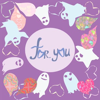 Happy valentine's day card with ghosts and hearts in patchwork style