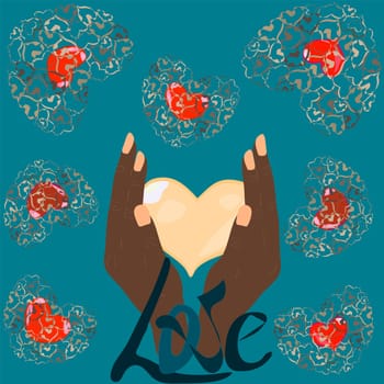 valentine card hands holding a heart on a blue background with red hearts