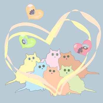 valentine card with funny colorful kittens and hearts on a delicate background