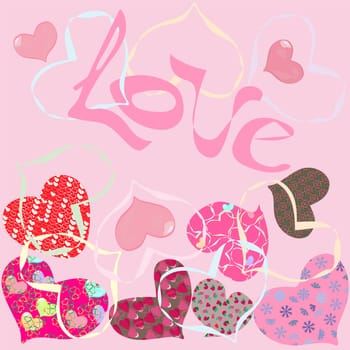 Valentine's day card with hearts with patchwork style on pink background