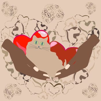 Happy valentine's day greeting card with cute kitten in palms